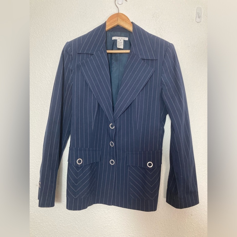 Cabi navy blue blazer jacket size 8 pinstriped snap front